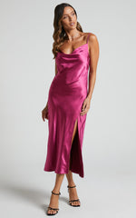 Sherrie Midi Dress - Cowl Neck Open Back Satin Dress in Berry