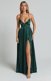 I Want The World To Know Maxi Dress - Thigh Split Tie Back Dress in Emerald