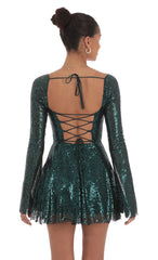 Sequin Long Sleeve Fit and Flare Dress in Green