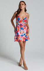 Davian Mini Dress - Cowl Neck Strappy in Pink Floral