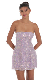 Sequin Glitter Strapless Fit and Flare Dress in Lilac