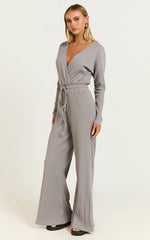 Camille Jumpsuit - Ribbed Jersey Long Sleeve Wide Leg Jumpsuit in Slate Grey