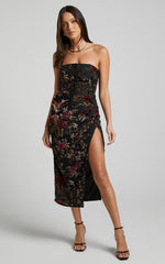 Jessell Midi Dress - High Split Strapless Dress in Black Floral