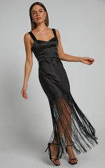 Eiren Midi Dress - Corset Bodice Fringe Detail Dress in Black