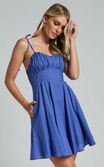 Leuven Mini Dress - Linen Look Empire Waist Dress in Blue
