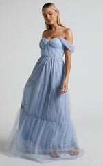 Ontario Maxi Dress - Off Shoulder Corset Bodice Tulle Dress in Light Blue