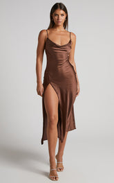 Flordeliza Midi Dress - Cowl Neck Thigh Slit Slip Dress in Chocolate