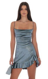 Foil Velvet Ruffled Slit Dress in Blue
