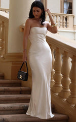 Charlita Maxi Dress - Strapless Cowl Back Satin Dress in Pearl