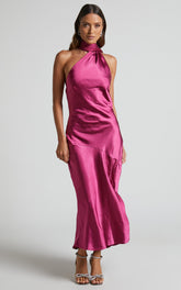 Evana Midi Dress - High Asymmetrical Neck Satin Slip Dress in FUSCHIA