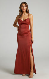 A Final Toast Midi Dress - Cowl Neck Thigh Split Dress in Copper Satin