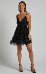 Khrizza Mini Dress - Sequin Gathered Dress in Black