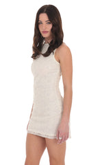 High Neck Sequin Floral Dress in Ivory