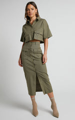 Davina Two Piece Set - Button Front Top and Midi Skirt Set in Khaki