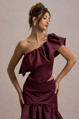 Sandie | Merlot Satin Bardot Ruffled Crop Top