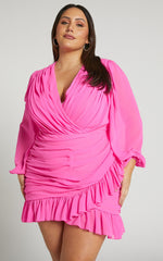Can I Be Your Honey Mini Dress - Plunge Balloon Sleeve Dress in Hot Pink