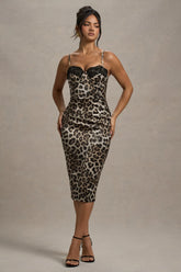 Soprano | Leopard Print Satin Sweetheart Lace Trim Midi Dress