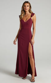 More Than This Maxi Dress - Ruffle Strap Thigh Split Dress in Wine