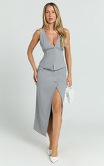 Baylee Midi Skirt - Wrap Front Side Split Skirt in Grey