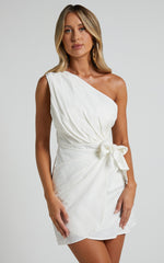 Harper Mini Dress - Linen One Shoulder Gathered Wrap Waist Dress in White