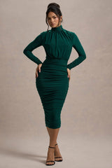 Dasha | Bottle Green Ruched High-Neck Long-Sleeve Midi Dress