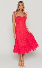 Jovena Midi Dress - Gathered Bodice Tiered Dress in Coral