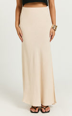 Olivia Midi Skirt - Mid Waisted Linen Bias Cut Split Skirt in Natural
