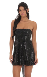 Sequin Back Bow Dress in Black