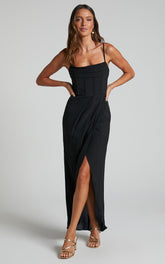 Andrina Midi Dress - High Low Wrap Corset Dress in Black