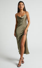 Nylah Cowl Neck Double Strap Satin Slip Midi Dress in Dark Olive