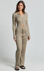 Kelsey Top - Button Through Long Sleeve Knitted Top in Taupe
