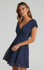 Hey Now Mini Dress - A line Dress in Navy Spot