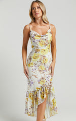 Sutton Midi Dress - Cowl Neckline Strappy Frill Hem in Dahlia Watercolour