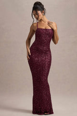 Cosmic | Berry Sequin Square-Neck Strappy Maxi Dress