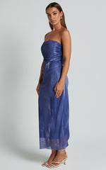 Frelynn Midi Dress - Strapless Ruched Slip Dress in Blue