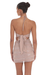 Sequin Ruffle Halter Bodycon Dress in Mauve