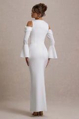 Heartthrob | Ivory Satin Draped Bardot Maxi Dress
