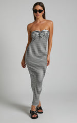 Aravis Midi Dress - Twist Detail Strapless Dress in Black and White Stripe