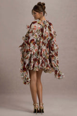 Abelia | Cream Floral Print High-Neck Cape-Sleeve Chiffon Mini Dress