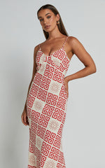 Zinnia Midi Linen Dress - Strappy Linen Slip Dress in Beige/Red Greek Sun Print