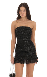 Sequin Ruched Bodycon Dress in Black