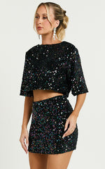 Reah Two Piece Set - Tie Back Top and High Waisted Sequin Mini Skirt in Black