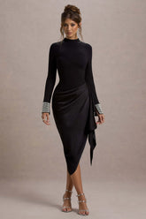 Luanna | Black Satin Long-Sleeve Midi Dress With Draped Skirt