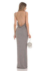 Draped Open Back Maxi Dress in Silver