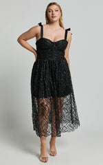 Rimea Midi Dress - Tie Shoulder Bustier Bodice Glitter Tulle Dress in Black