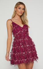 Khrizza Mini Dress - Sequin Gathered Dress in Wine