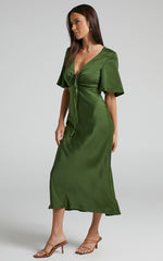 Nicholla Midi Dress - Ruched Front Angel Sleeve Slip Dress in Olive