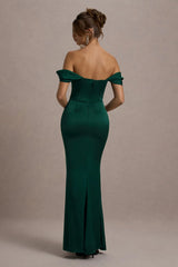 Kimberly | Bottle Green Bardot Satin Maxi Dress