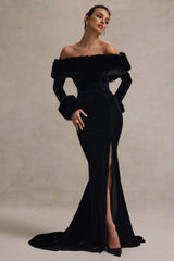 Mystique | Black Bardot Split Maxi Dress With Fur Trims