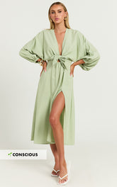 Tyricia Midi Dress - Long Sleeve Tie Front Cut Out Dress in Sage